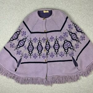 Vtg Sturbridge Purple Knit Poncho Cape Fringe Gold Button Fair Isle Womens OS